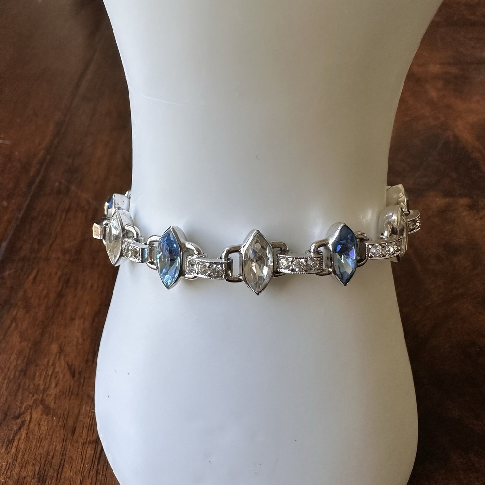VTG Engel Brothers Link Bracelet Size 6.25 Clear‎ Blue Crystals Sterling 17.6g